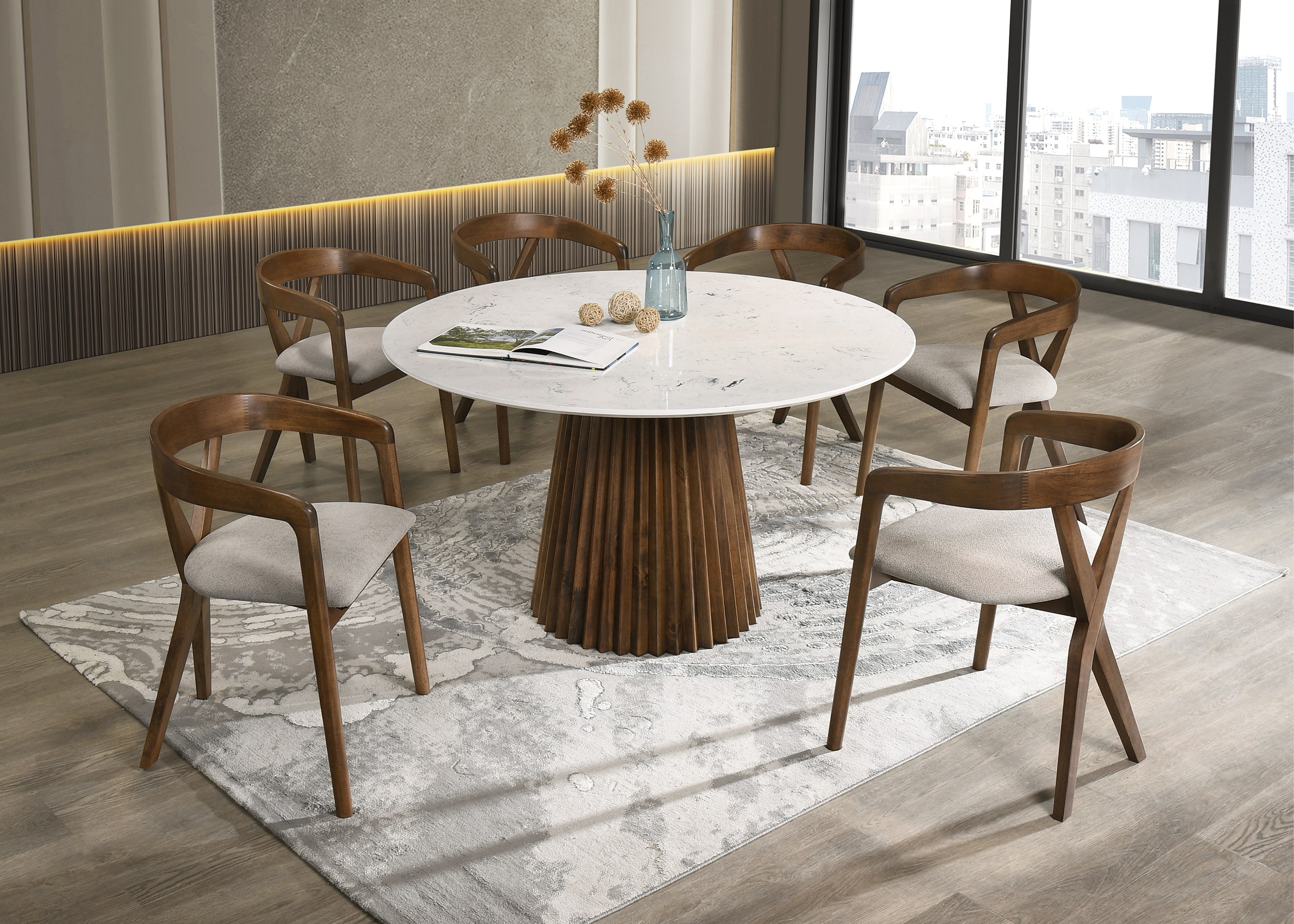LA Furniture Nancy + Weiss Mid-Century Modern Marble + Walnut Dining Table Set VGMA-MIT-5347-MI-1181-SET Contemporary Style by Vig Furnitrue Number 82161 Catch Home Goods