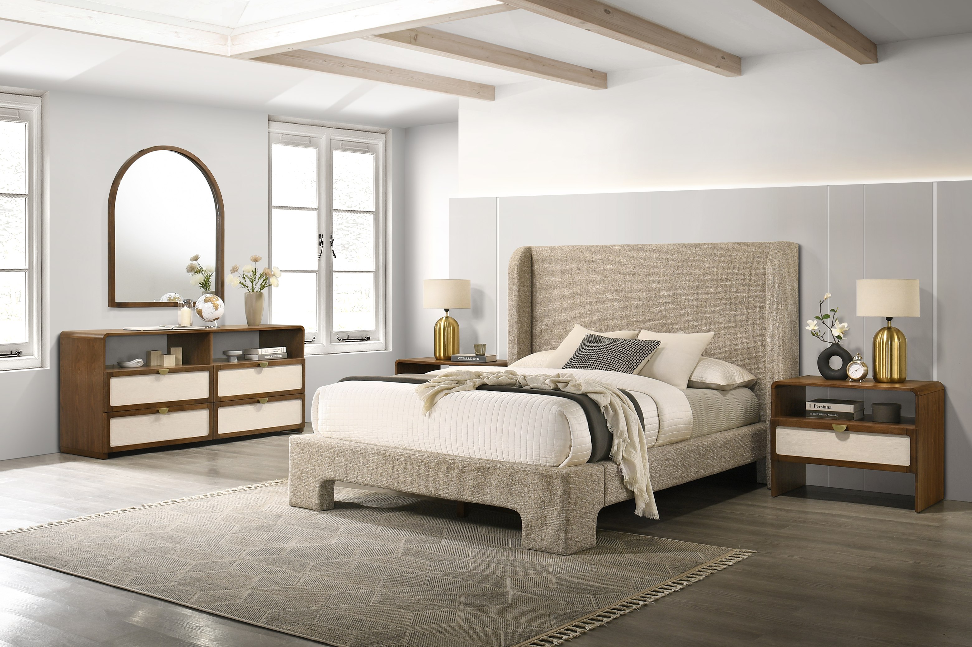LA Furniture Eastern King Emilio Modern Beige Fabric + Burlap + Walnut 4-Piece Bedroom Set VGMA-BR-177-SET-EK Contemporary Style by Vig Furnitrue Number 85776 Catch Home Goods