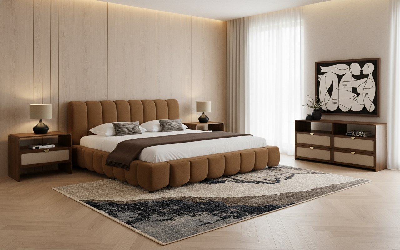 LA Furniture Eastern King Harris + Emilio Modern Brown Fabric + Burlap + Walnut 4-Piece Bedroom Set VGKK-KF.B2032-EMILIOBRN-4PC-EK Contemporary Style by Vig Furnitrue Number 86260 Catch Home Goods