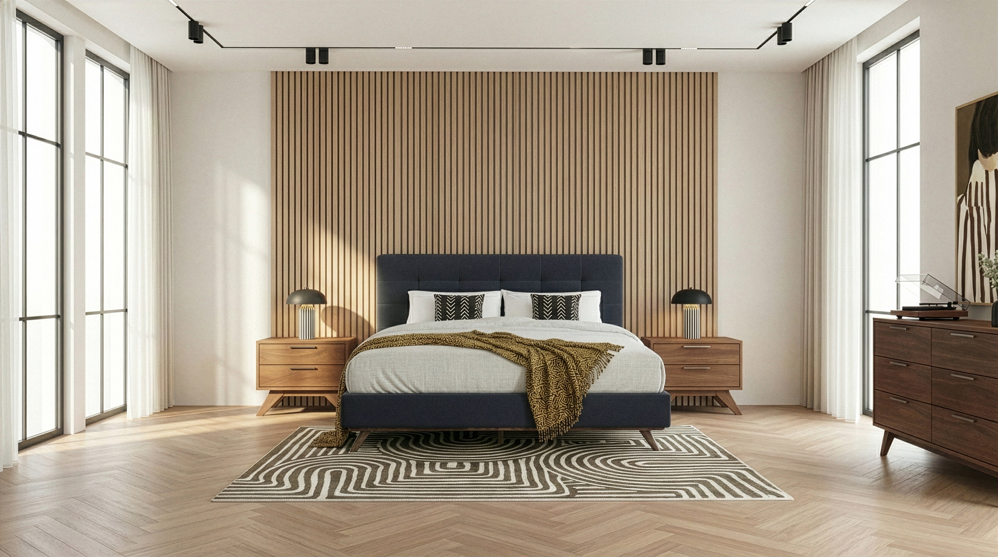 LA Furniture Eastern King Addison +Soria Mid-Century Modern Grey Fabric + Walnut 4-Piece Bedroom Set VGMA-BR-38-SOR-4PC-SET-EK Contemporary Style by Vig Furnitrue Number 86296 Catch Home Goods