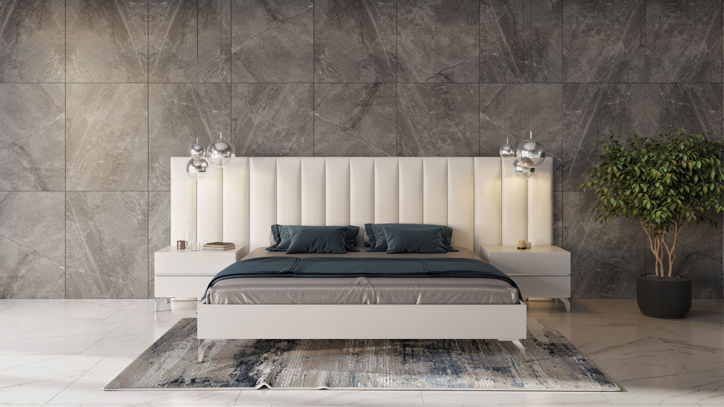 LA Furniture Angela Eastern King Italian Modern White Eco Leather Bed with Nightstands and Wings VGACANGELA-SET-WINGS-EK Contemporary Style by Vig Furnitrue Number 76678 Catch Home Goods