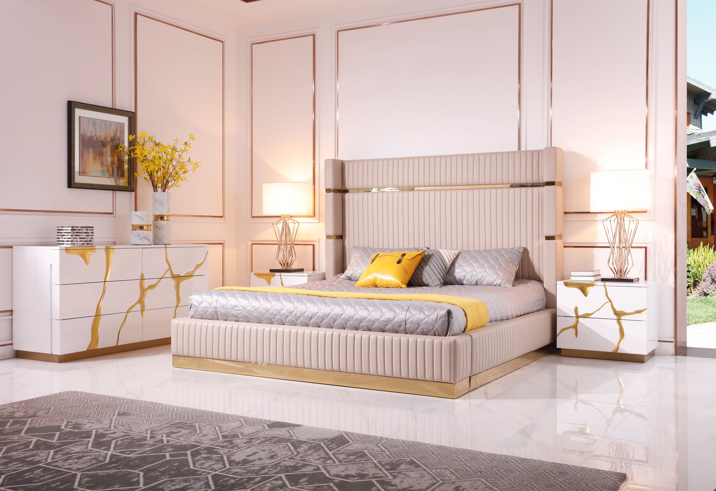 LA Furniture Sterling Queen Modern Beige + Gold Bed + Nightstands VGVCBD1901-BEI-BED-2NS-SET-Q Contemporary Style by Vig Furnitrue Number 79274 Catch Home Goods
