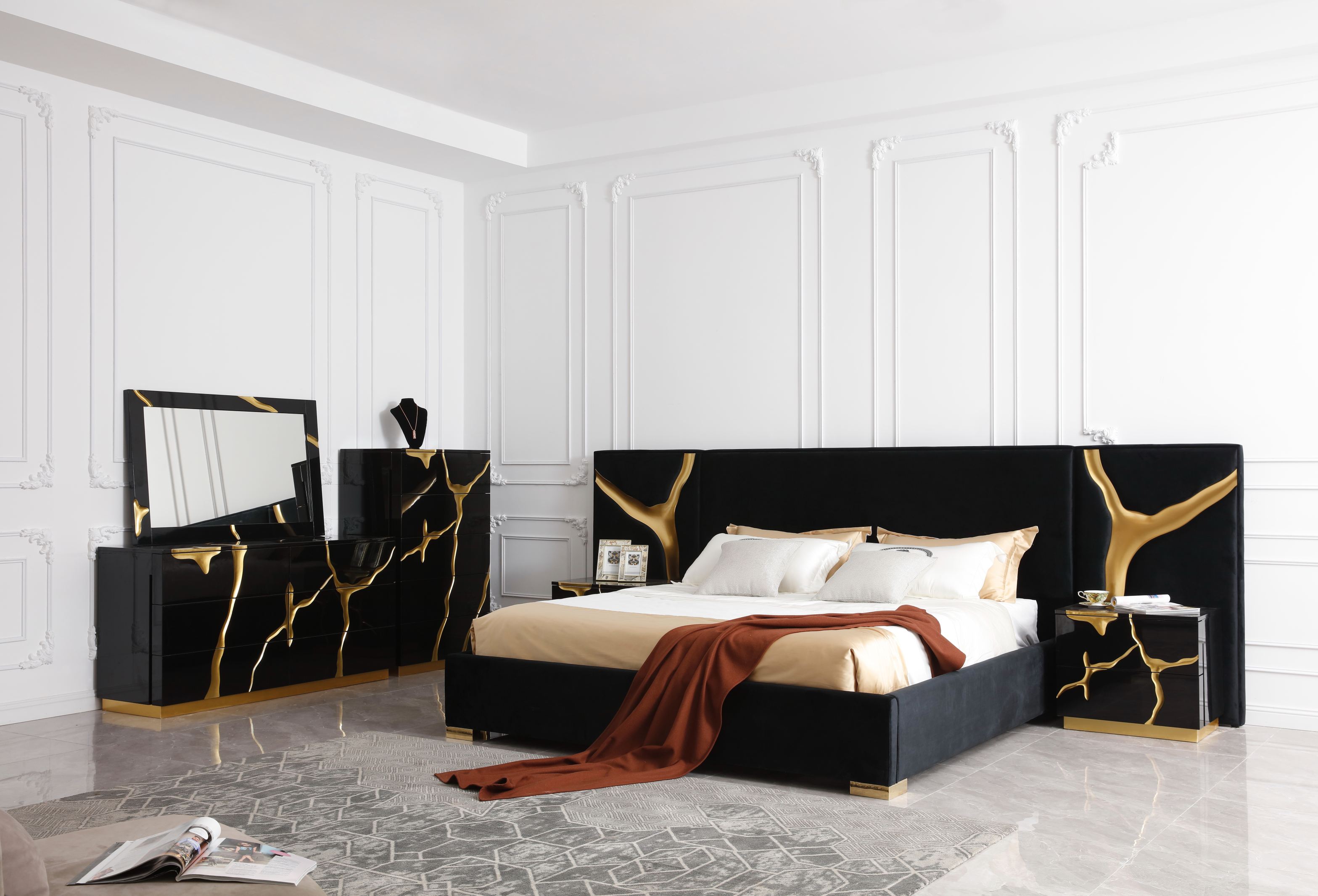 LA Furniture Aspen Eastern King Modern Black + Gold Bed + Nightstands VGVCBD1801-BLK-BED-2NS-SET-EK Contemporary Style by Vig Furnitrue Number 79276 Catch Home Goods