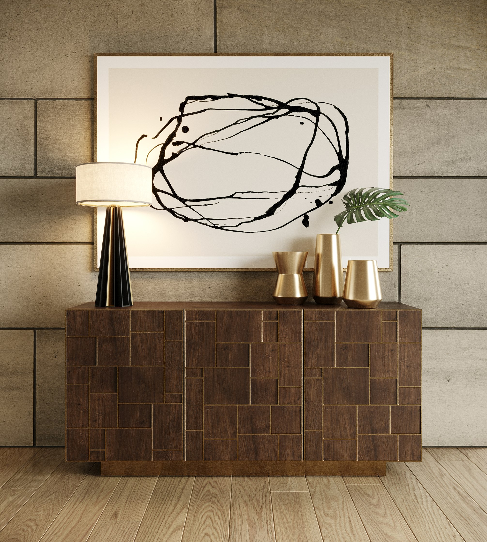 LA Furniture Auer- Brown Oak & Gold Buffet VGGM-B-VALDERA-BT Contemporary Style by Vig Furnitrue Number 79739 Catch Home Goods