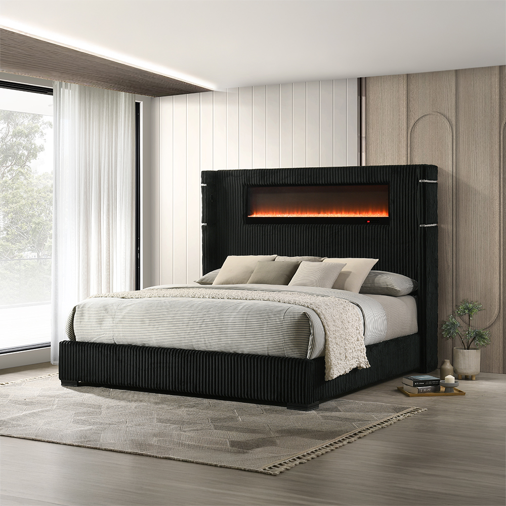 Acme Garner EK Bed with Fireplace, LED, Reading Light, Speaker, Bluetooth & USB Model BD06021EK