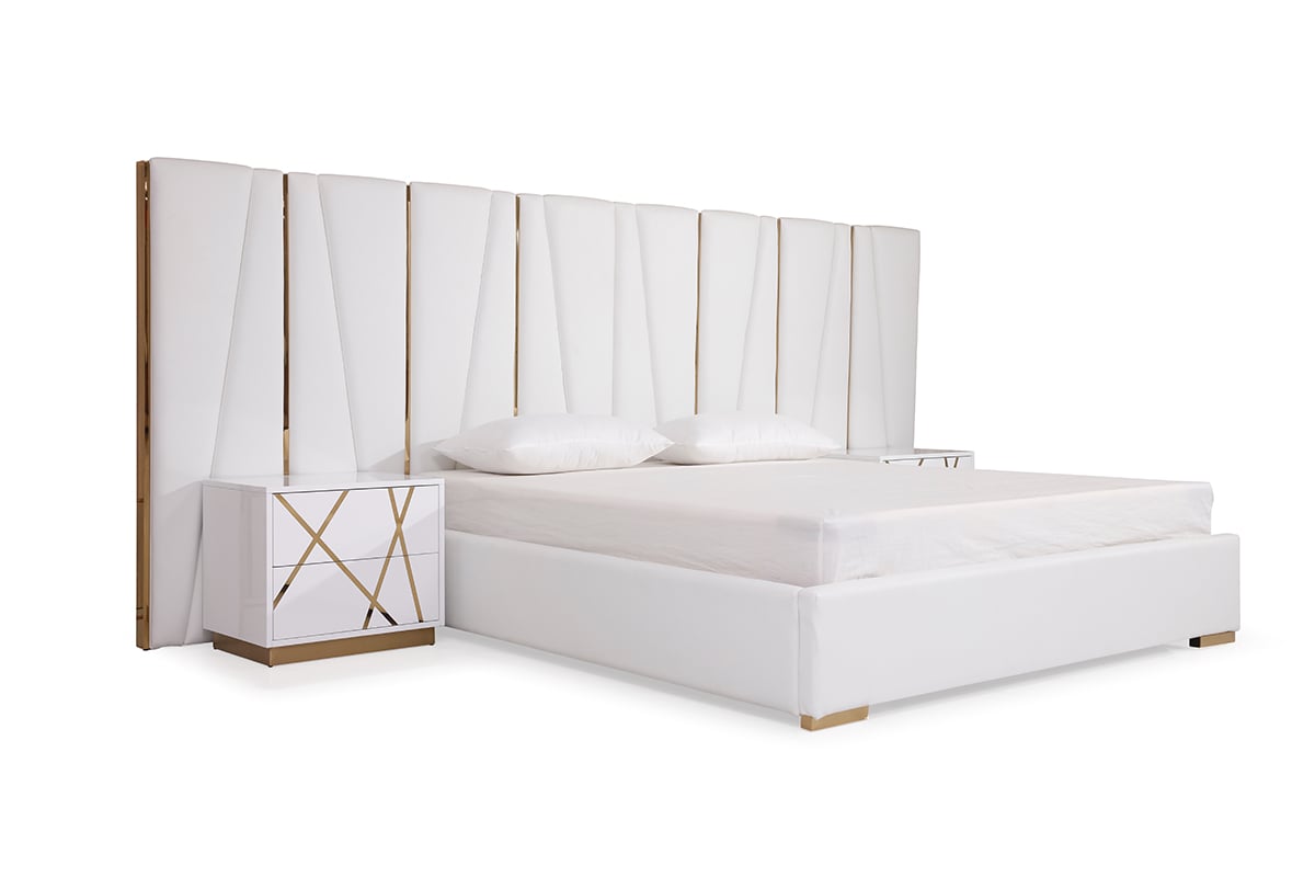 LA Furniture Queen Nixa Modern White Bonded Leather & Gold Bed VGVCBD1909-WHT-Q Contemporary Style by Vig Furnitrue Number 78247 Catch Home Goods