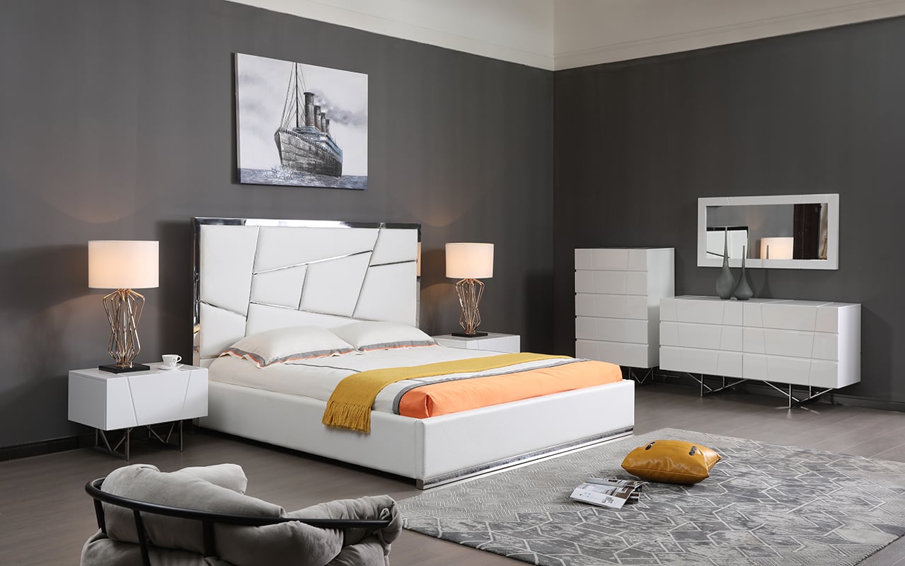 LA Furniture Eastern King Chrysler Modern White Bonded Leather Bed VGVCBD8978-WHT-EK Contemporary Style by Vig Furnitrue Number 75855 Catch Home Goods