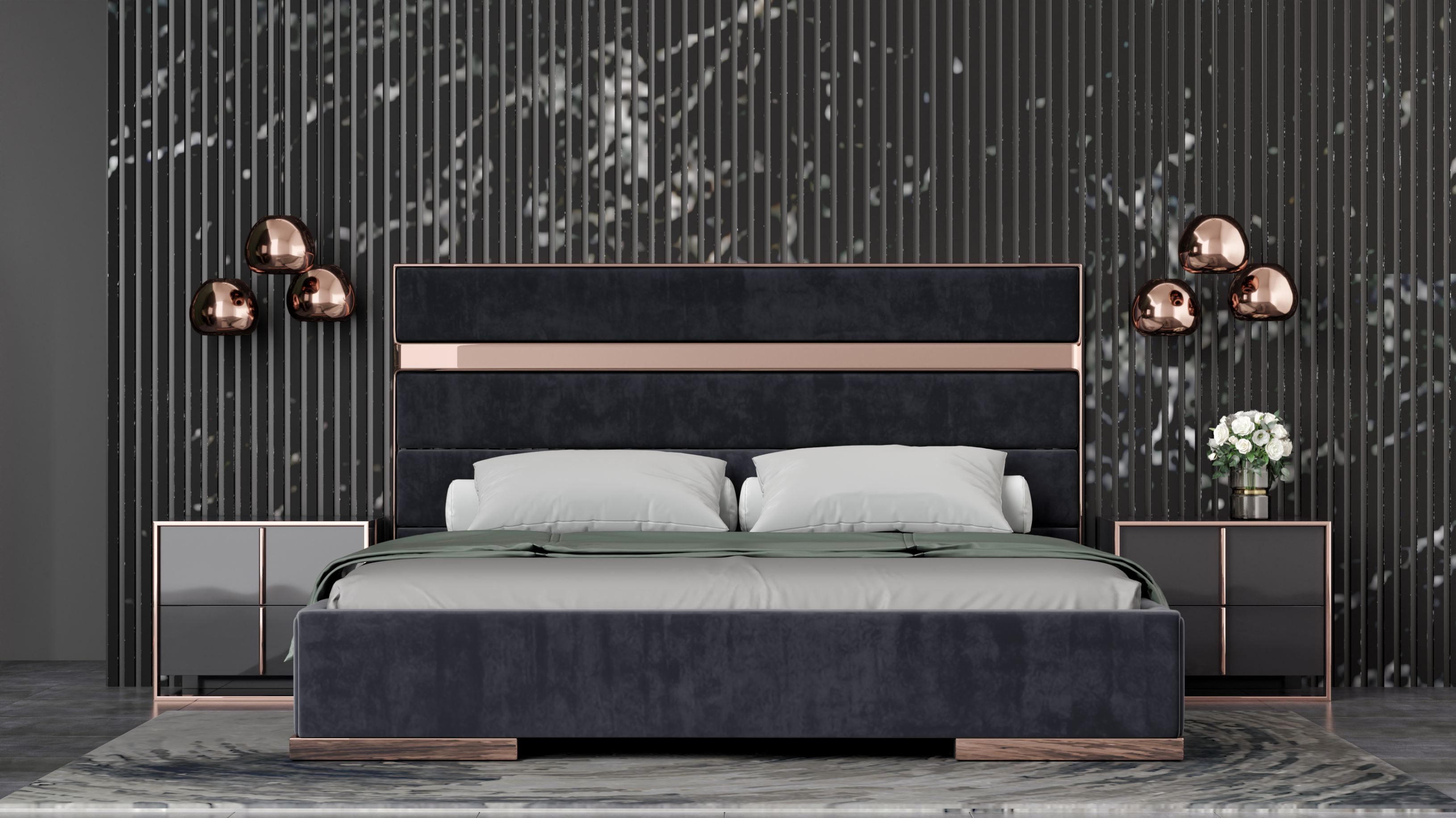 LA Furniture Cartier California King Modern Black + Rose Gold Bed + Nightstands VGVCBD-A002-BLK-BED-2NS-SET-CK Contemporary Style by Vig Furnitrue Number 79289 Catch Home Goods