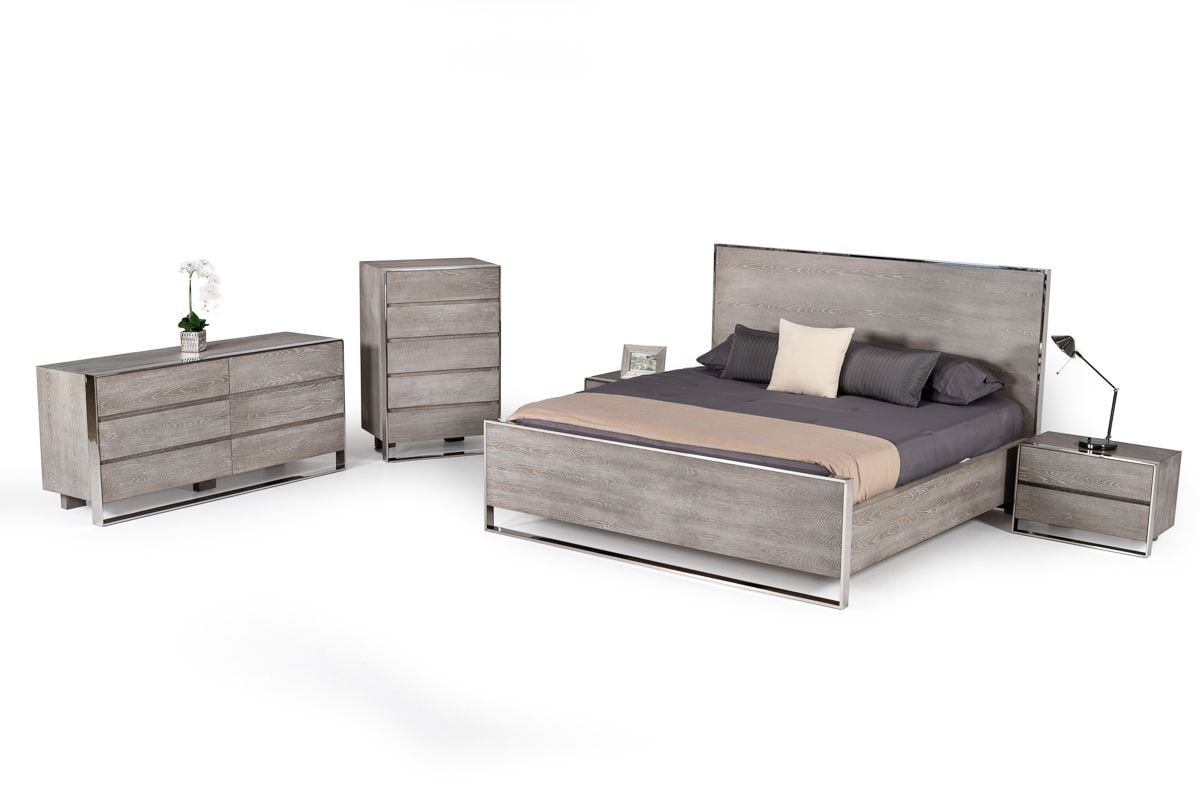 LA Furniture Charlene Modern Grey Elm and Stainless Steel EK Bedroom Set VGVC-CHARLENE-SET-eastern Contemporary Style by Vig Furnitrue Number 80259 Catch Home Goods