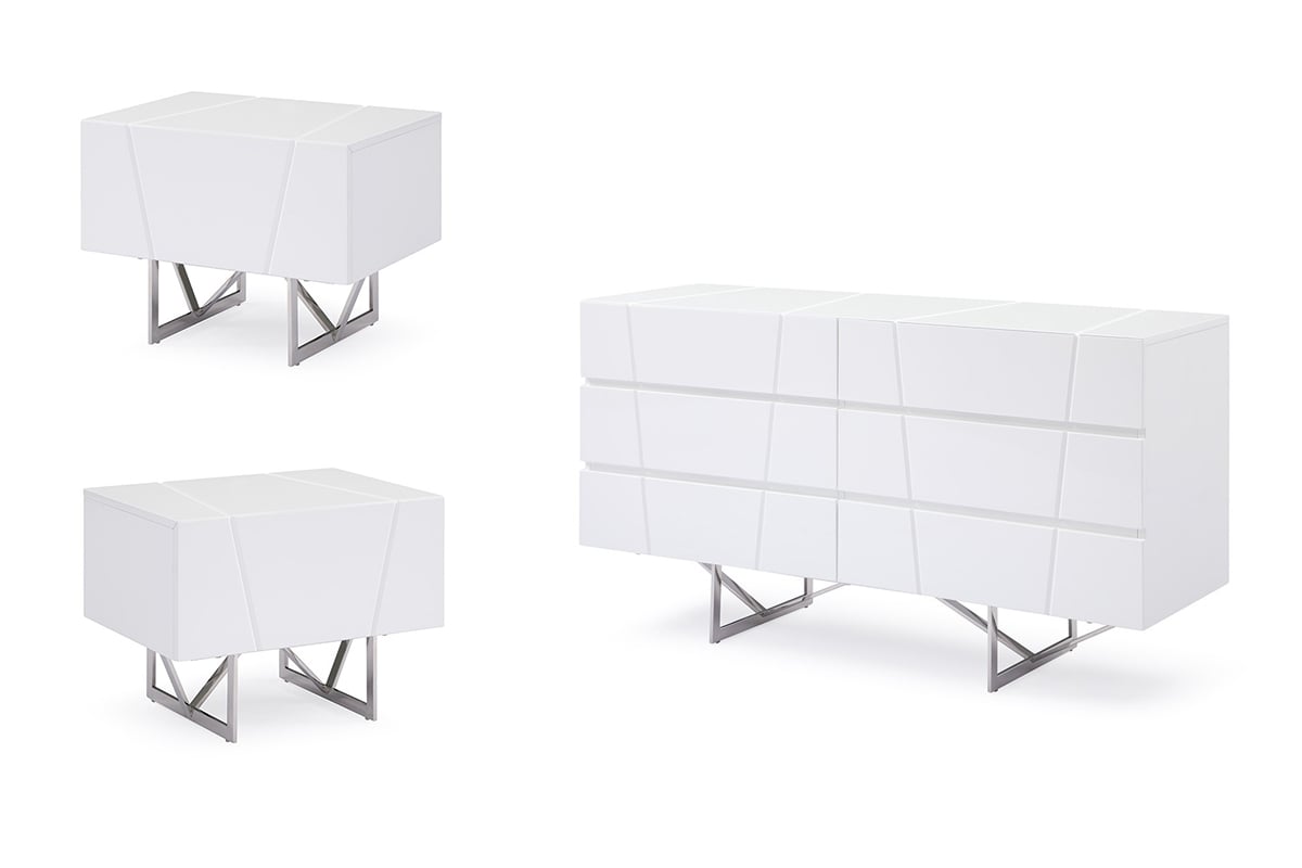 LA Furniture Chrysler White Dresser and Two Nightstands VGVC-B8978-S Contemporary Style by Vig Furnitrue Number 80300 Catch Home Goods