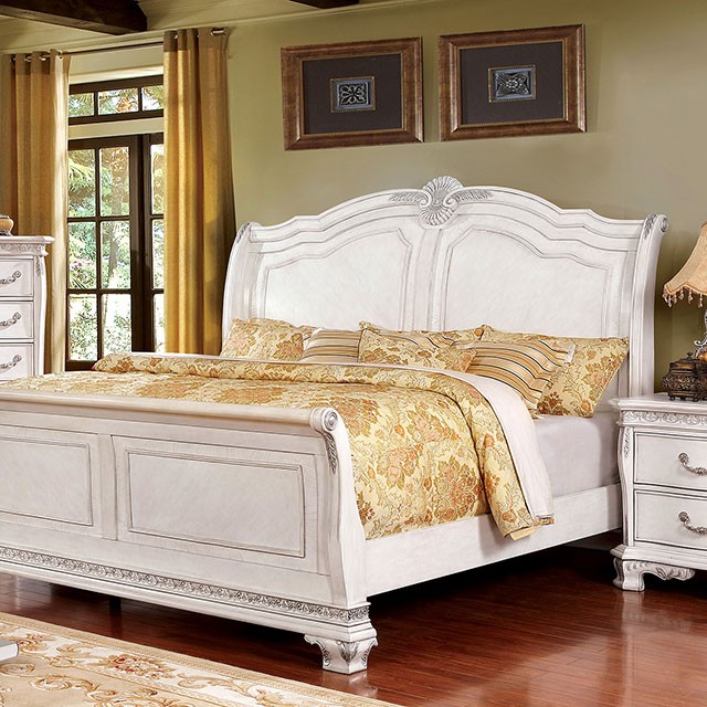Furniture Of America Isidora Traditional White Wash Bed Model CM7799WH-Queen Bed