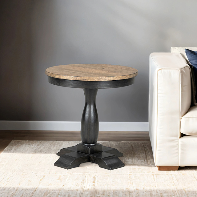 Furniture Of America Neue Mills Modern Farmhouse Weathered Black/Brown Round End Table Model FM40009BK-ER