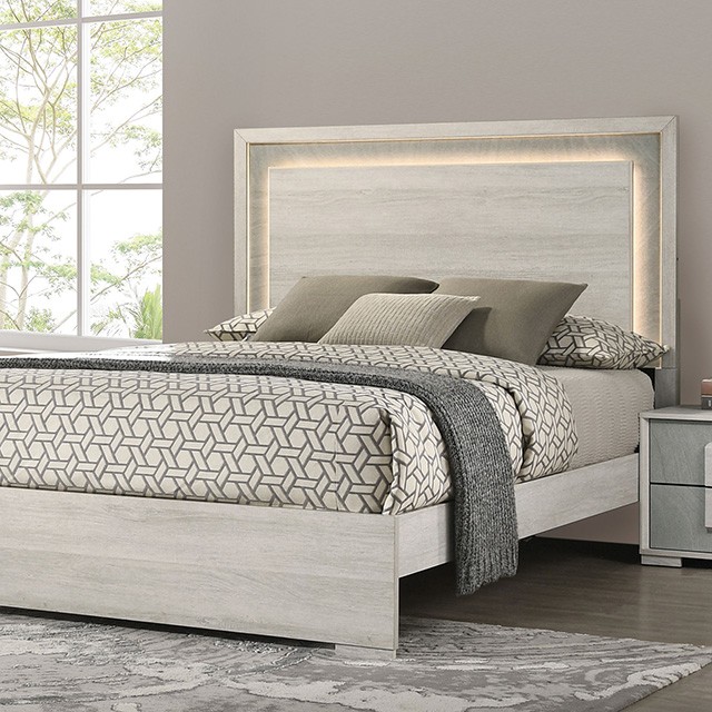 Furniture Of America Lincolt Contemporary White Wash/Stone Gray Bed Model FM7201WH-Queen Bed