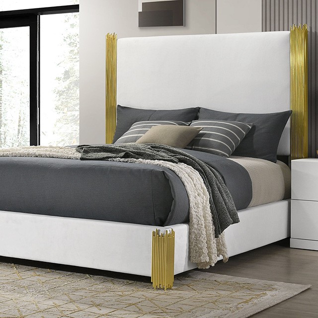 Furniture Of America Basildon Contemporary White/Gold, Dark Brown Bed Model FM7271WH-E.King Wall Panels