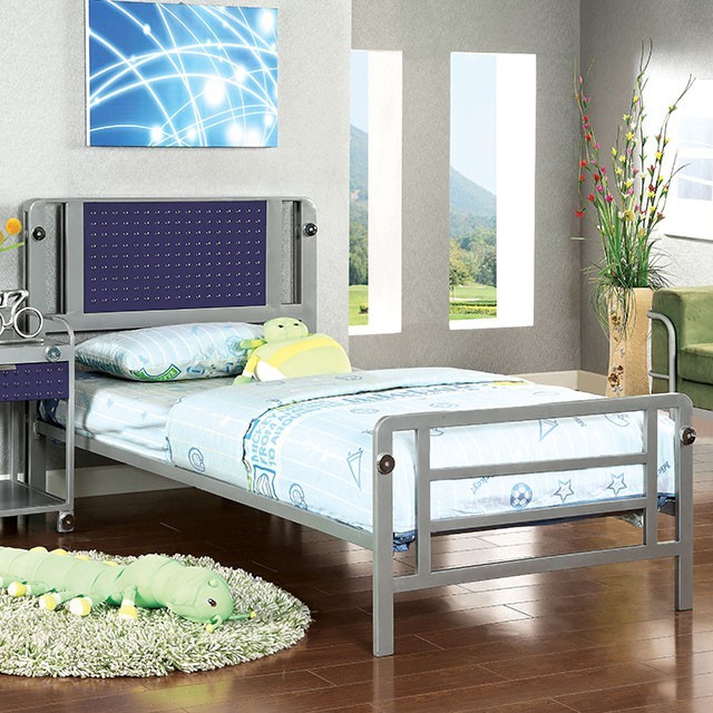 Furniture Of America Prado Contemporary Silver/Dark Blue, Silver, Dark Blue Bed Model CM7167-Twin Bed