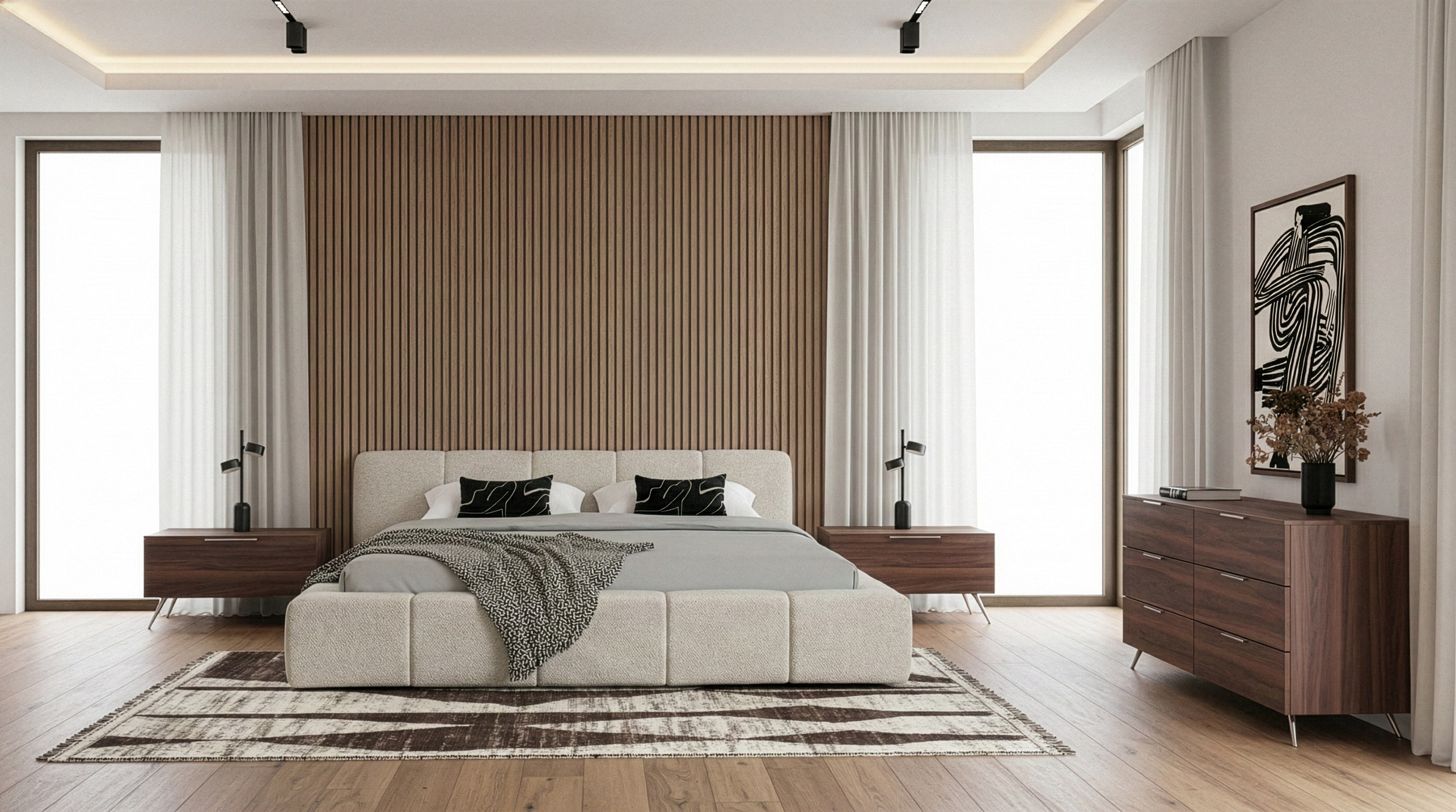 LA Furniture Eastern King Lamont + Brooklyn Modern Beige Fabric + Walnut 4-Piece Bedroom Set VGKK-KF.B1051-BROOK-4PC-EK Contemporary Style by Vig Furnitrue Number 86305|86305A Catch Home Goods