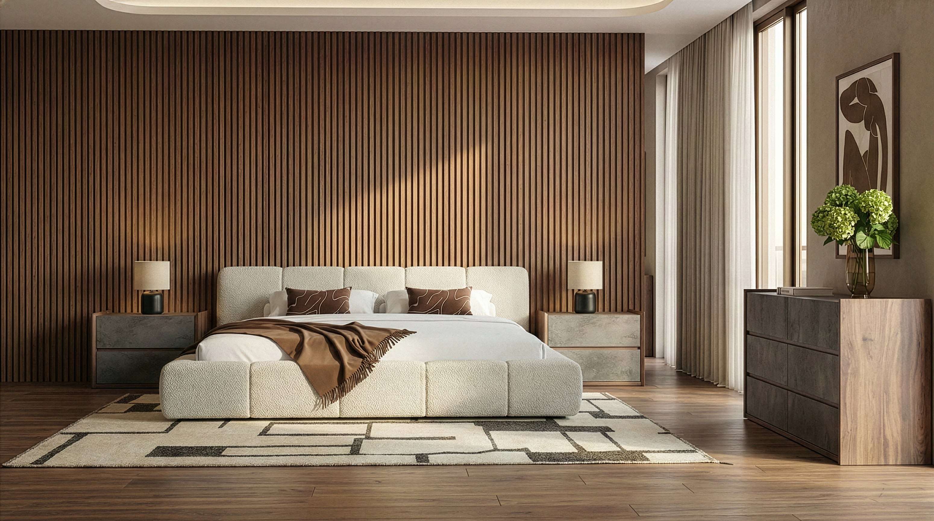 LA Furniture Eastern King Lamont + Rado Modern Beige Fabric + Walnut 4-Piece Bedroom Set VGKK-KF.B1051-RADO-4PC-EK Contemporary Style by Vig Furnitrue Number 86307|86307A Catch Home Goods