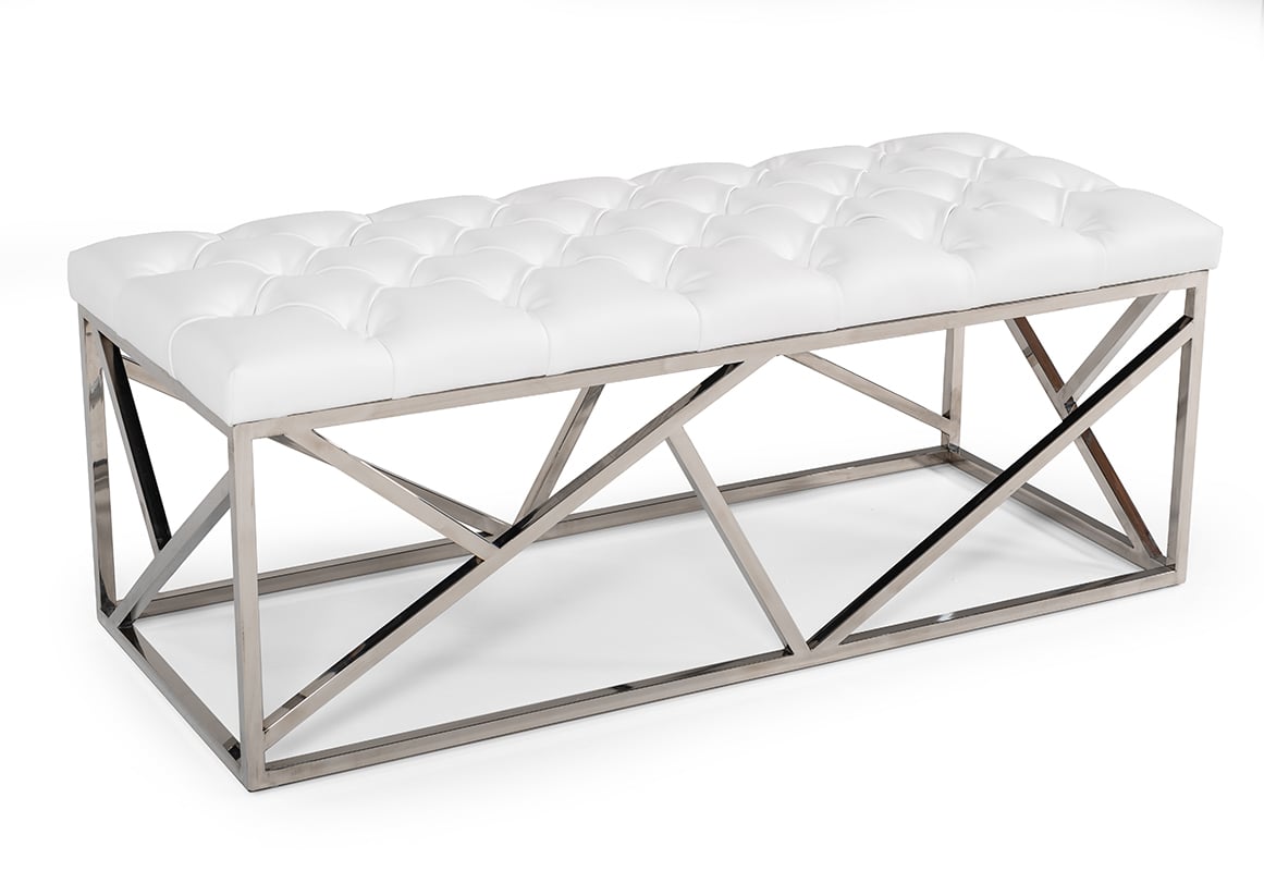 LA Furniture Lindsey Modern White Leatherette & Stainless Steel Bench VGRH-RHS-OT-201-WHT Contemporary Style by Vig Furnitrue Number 75257 Catch Home Goods