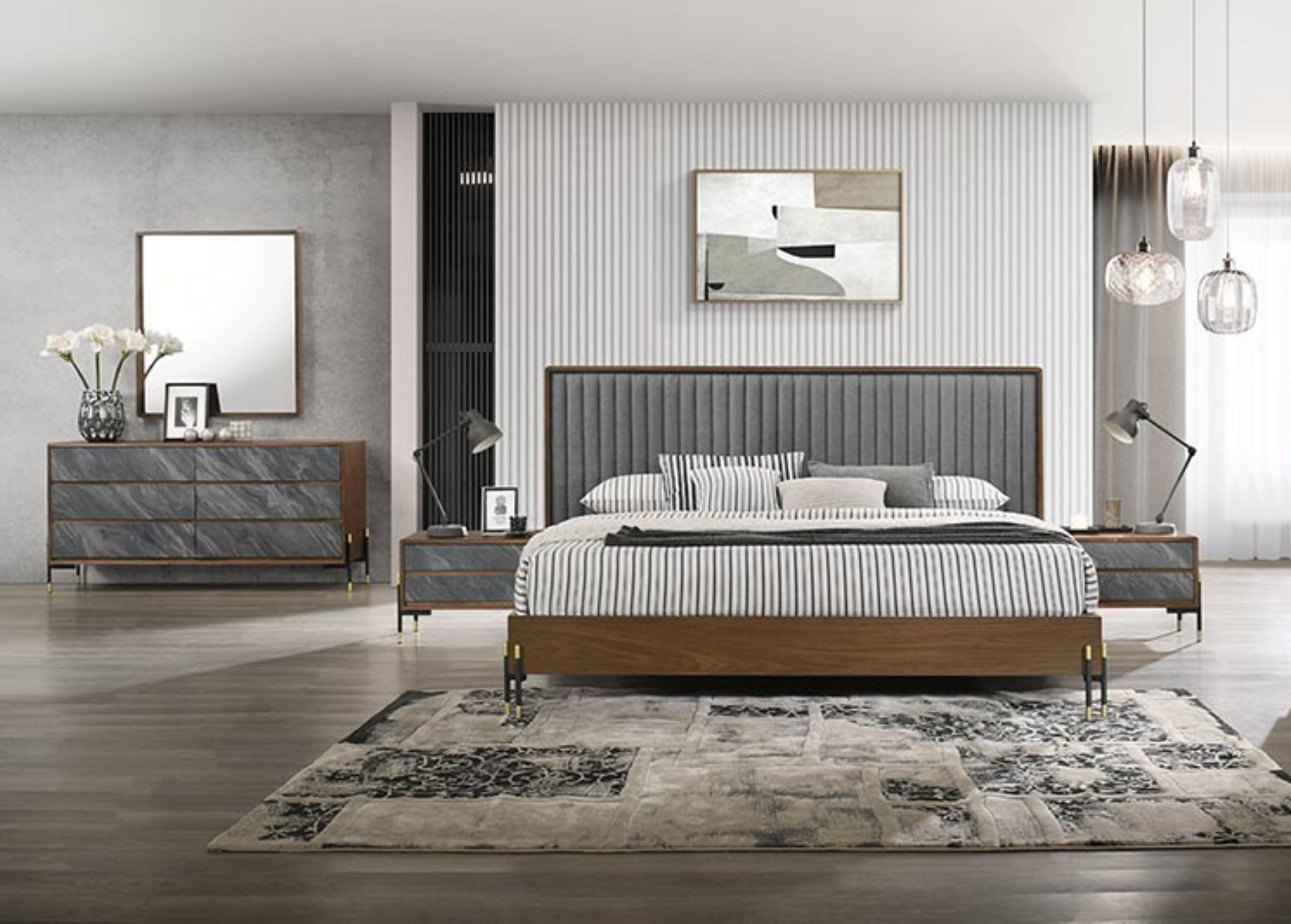LA Furniture Metcalf California King Mid-Century Walnut & Grey Bedroom Set VGMABR-120-WAL-BED-SET-CK Contemporary Style by Vig Furnitrue Number 80280 Catch Home Goods
