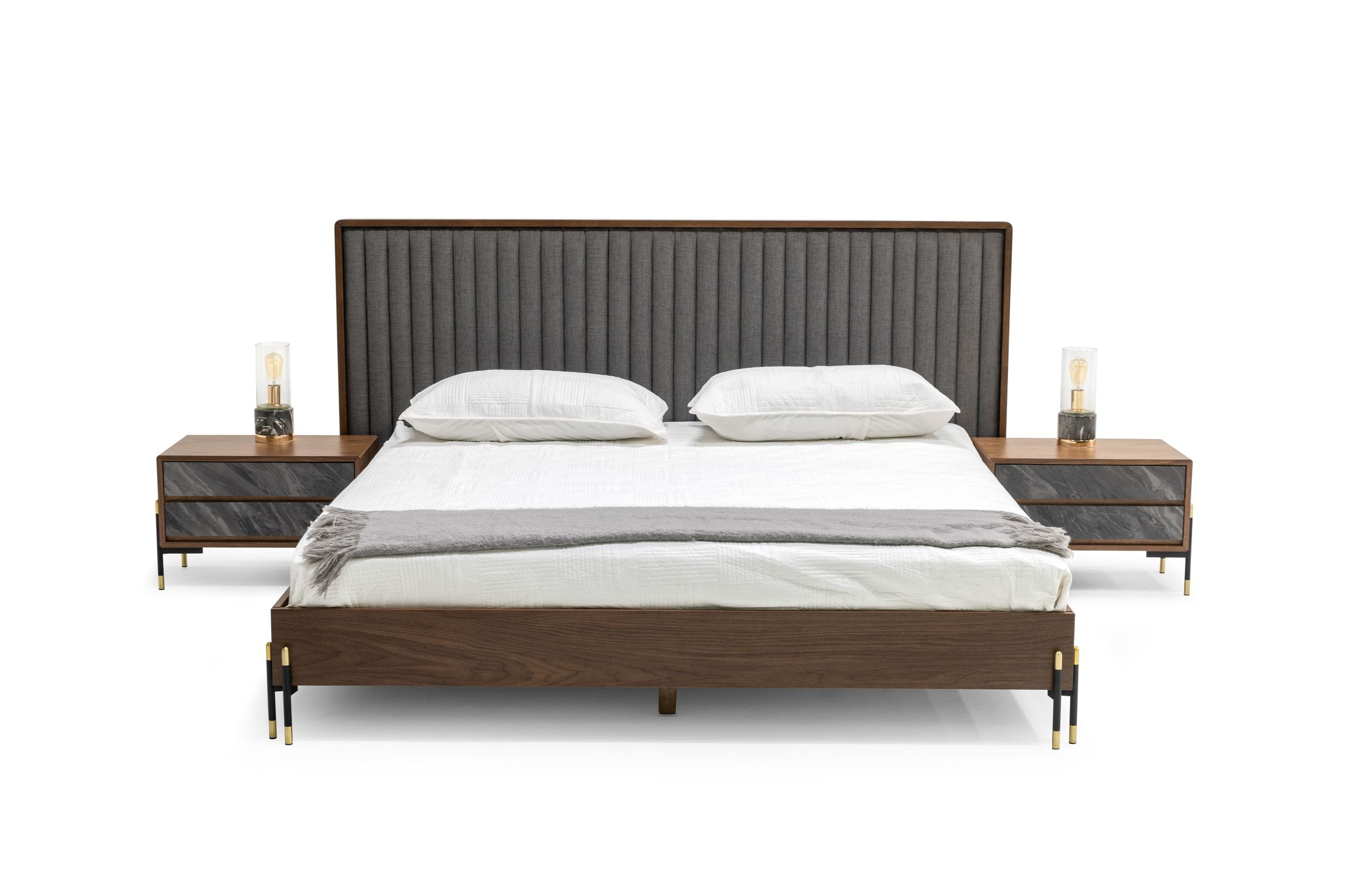 LA Furniture Metcalf Mid-Century Walnut & Grey California King Bed with Two Nightstands VGMABR-120-BRN-BED-CK Contemporary Style by Vig Furnitrue Number 80279 Catch Home Goods