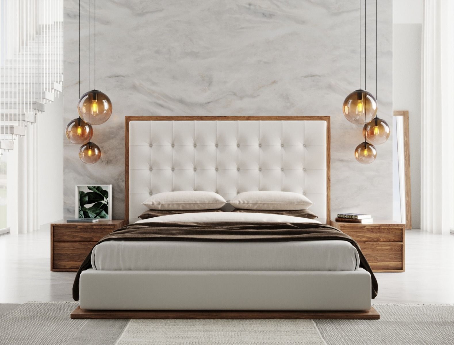LA Furniture Amberlie Eastern King White Vegan Leather & Walnut Bed VGMABR-96-WAL-BED-EK Contemporary Style by Vig Furnitrue Number 78846 Catch Home Goods