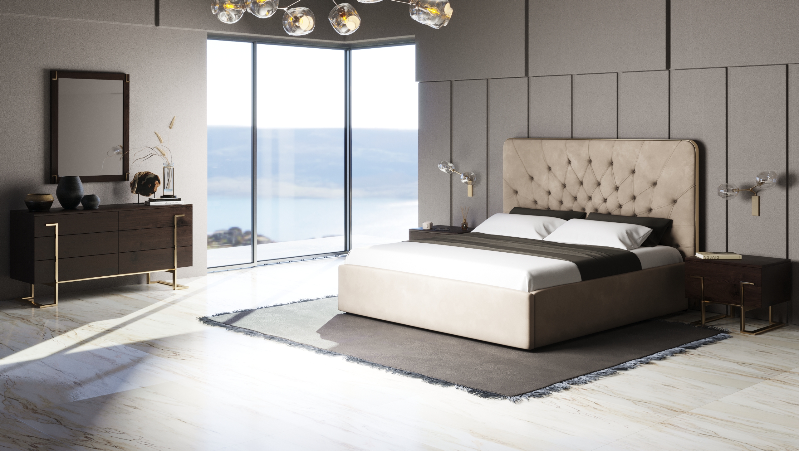 LA Furniture Moontide Glam Beige Velvet and Brushed Brass EK Bedroom Set VGVCBD1922-19-BED-SET-EK Contemporary Style by Vig Furnitrue Number 80268 Catch Home Goods