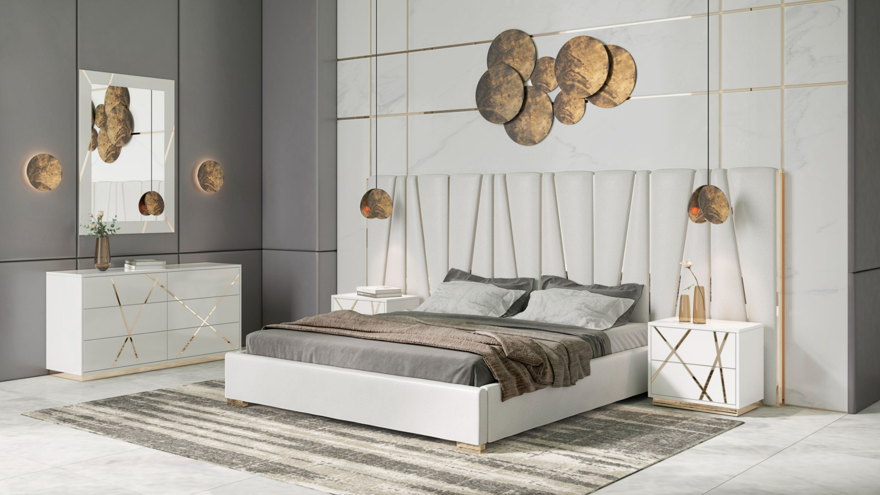 LA Furniture Eastern King Nixa Modern White + Gold 4-Piece Bedroom Set VGVC-BD1909-4PCSET-WHT-EK Contemporary Style by Vig Furnitrue Number 85663 Catch Home Goods