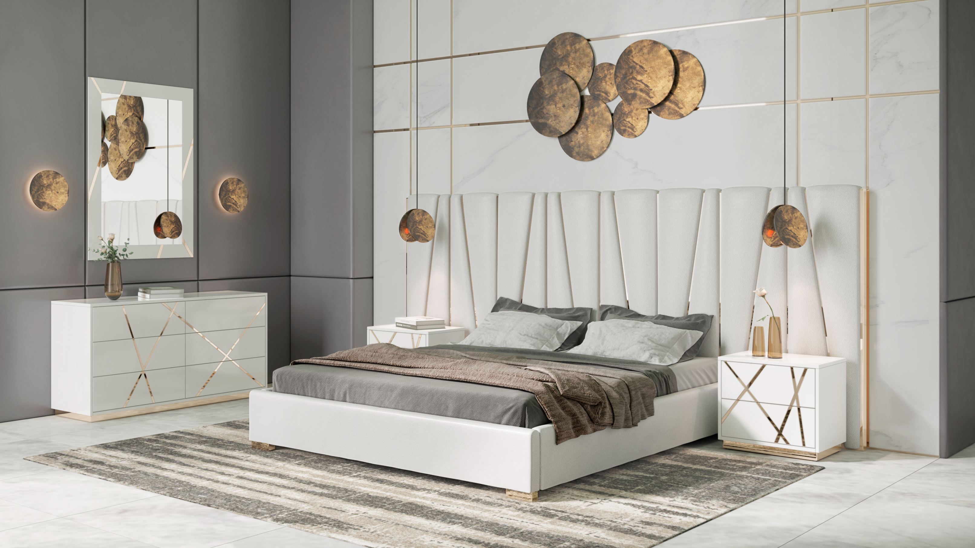 LA Furniture Nixa Queen Modern White + Gold Bed + Nightstands VGVCBD1909-BLK-BED-2NS-SET-Q Contemporary Style by Vig Furnitrue Number 79279 Catch Home Goods