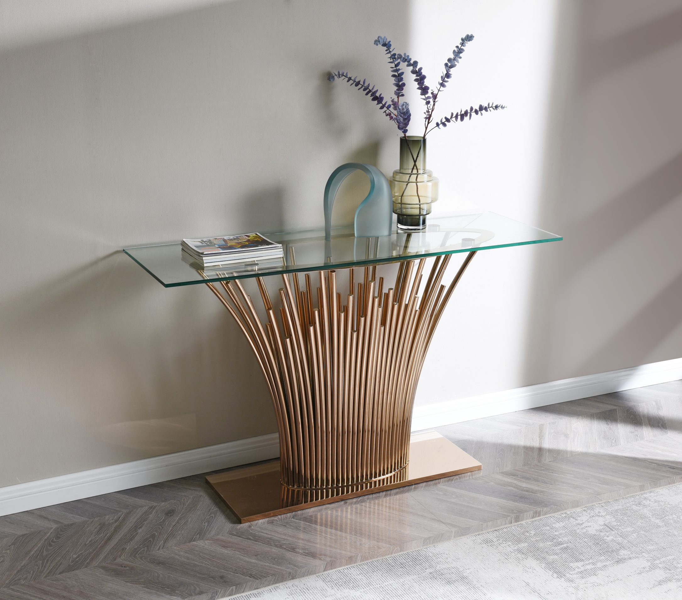 LA Furniture Paxton Modern Glass + Rosegold Console Table VGVCK817-CS-RG-CT Contemporary Style by Vig Furnitrue Number 78934 Catch Home Goods