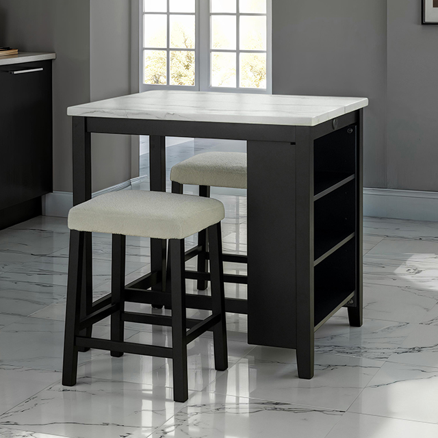 Furniture Of America Chalcedony Transitional Black/White/Ivory 3 Pc. Dining Table Set Model SL3401BK-PT-3PK-STOOL