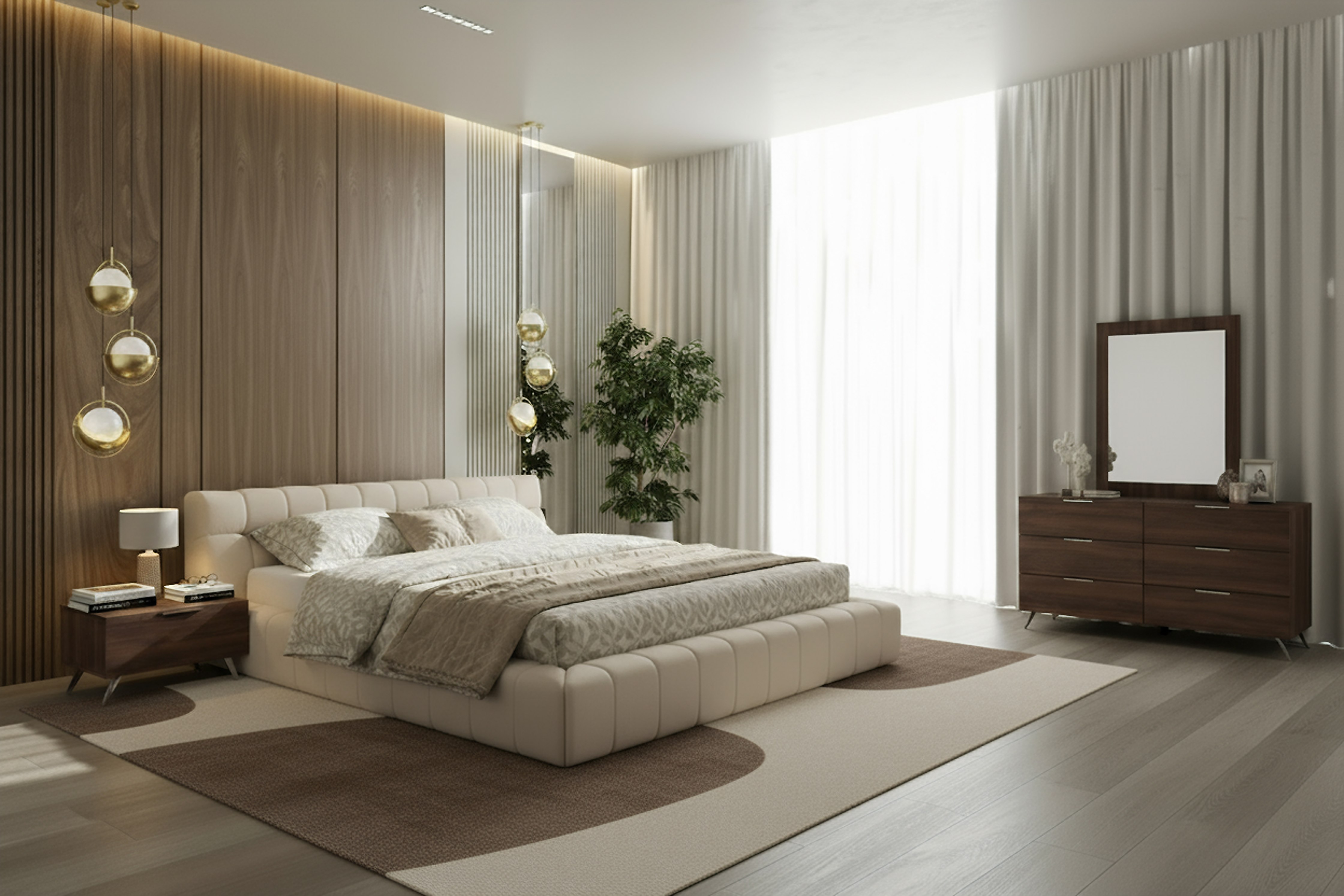 LA Furniture Eastern King Tyree + Brooklyn Modern Off-White Fabric + Walnut 4-Piece Bedroom Set VGOD-TYREE-BROOKLYN-SET-EK Contemporary Style by Vig Furnitrue Number 86017 Catch Home Goods