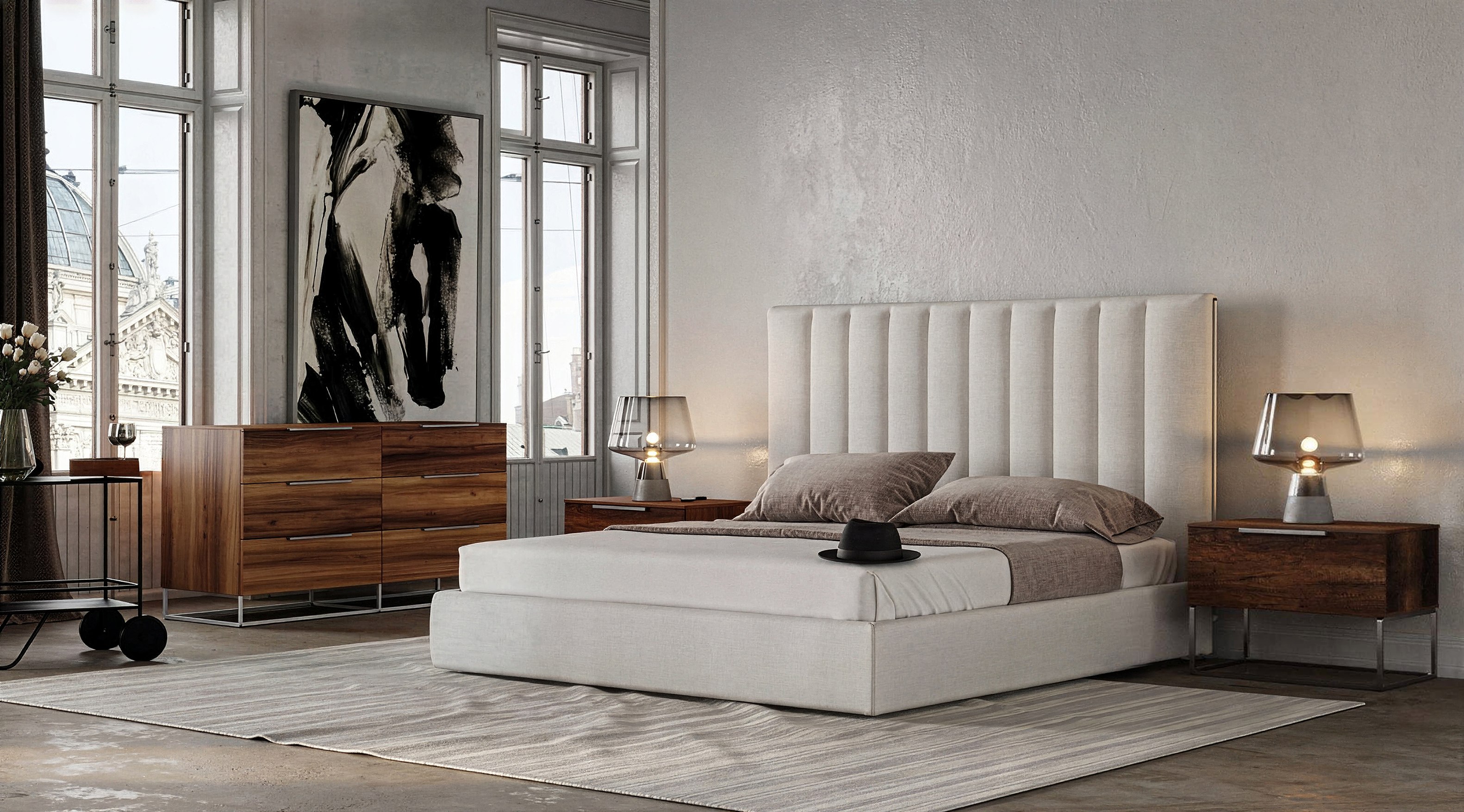 LA Furniture Eastern King Valhalla + Lorenzo Modern White Fabric + Light Oak 4-Piece Bedroom Set VGKK-VALHALLA-LORENZO-SET-EK Contemporary Style by Vig Furnitrue Number 86117 Catch Home Goods
