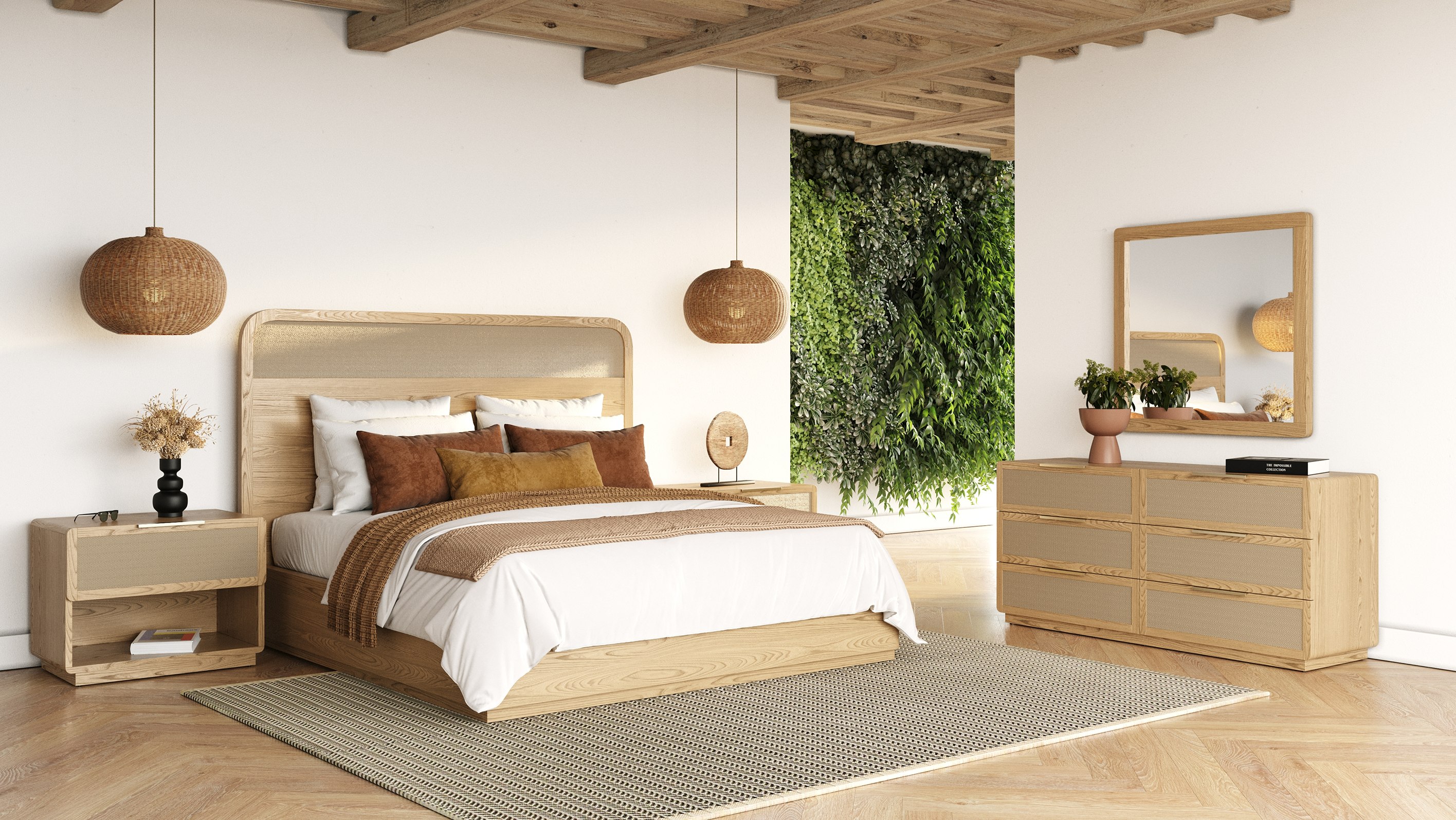 LA Furniture Eastern King Gavin Modern Natural Ash + Rattan 4-Piece Bedroom Set VGVC-BD2411-4PCSET-NAT-EK Contemporary Style by Vig Furnitrue Number 85661 Catch Home Goods