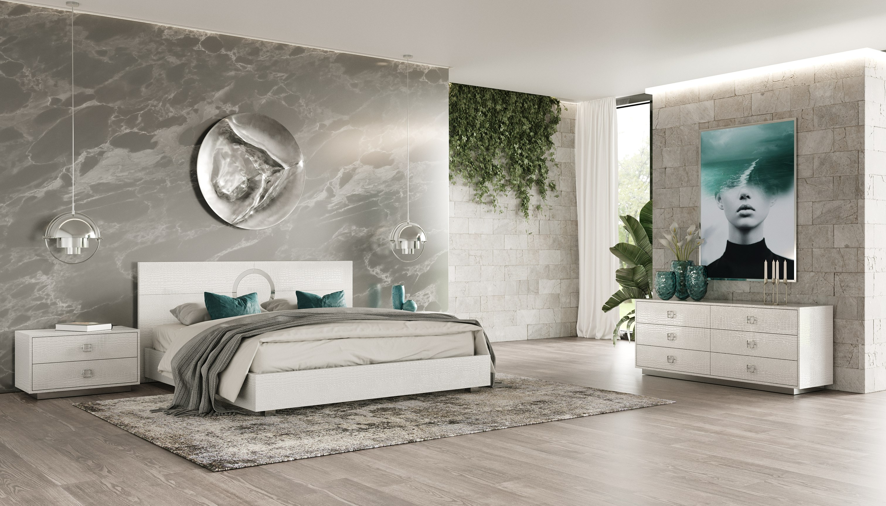 LA Furniture Queen Ovidius + Victoria Modern White Crocodile Lacquer Bedroom Set VGUN-OVIDVICT-SET-WHT-Q Contemporary Style by Vig Furnitrue Number 83447 Catch Home Goods