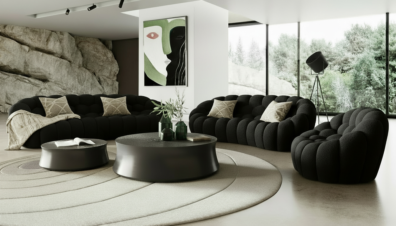 LA Furniture Yolonda Modern Curved Black Fabric Sofa Set VGEV-2126C-SET-BLK Contemporary Style by Vig Furnitrue Number 82162 Catch Home Goods