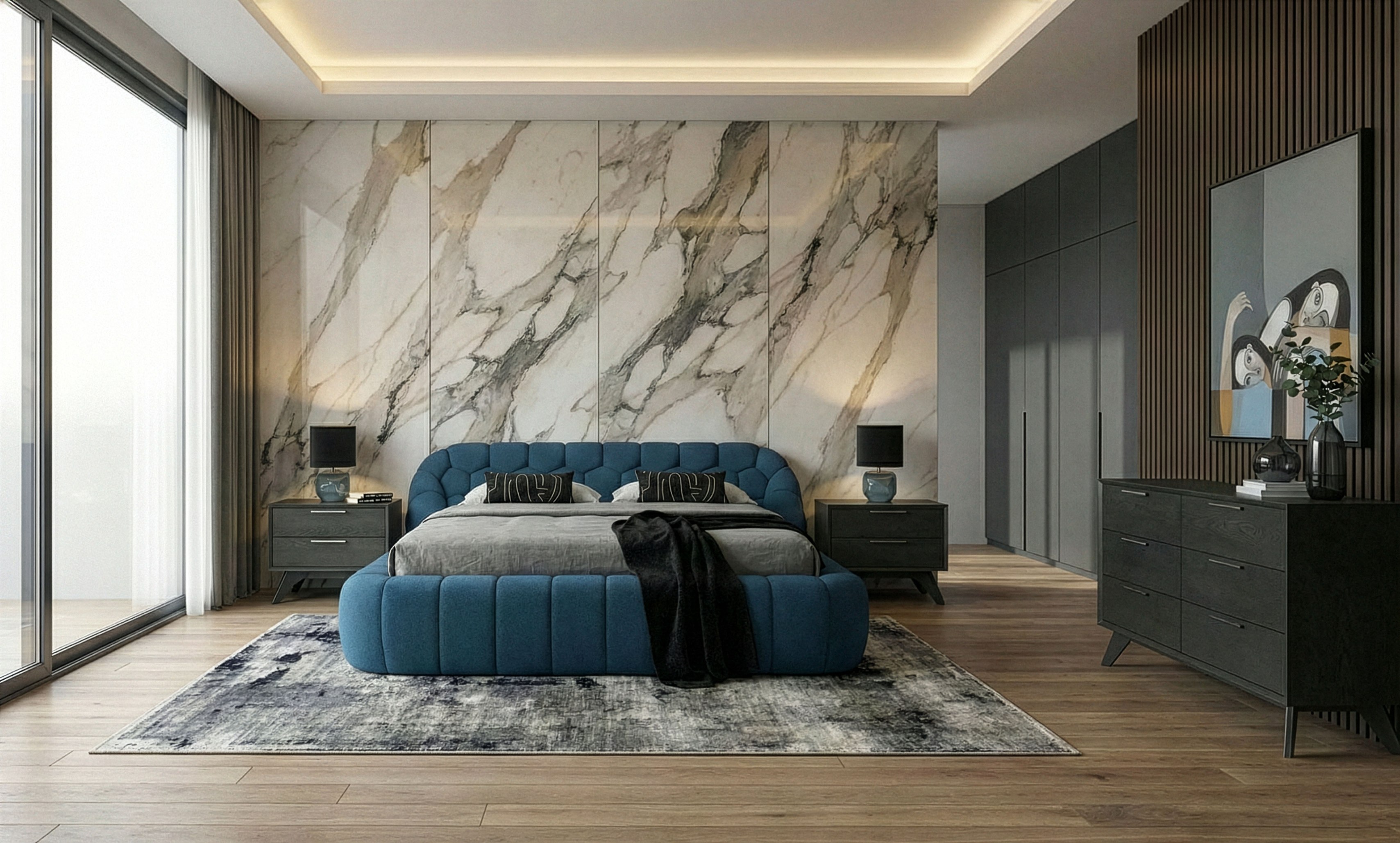 LA Furniture Eastern King Yolonda + Soria Modern Dark Teal Fabric + Grey Wash 4-Piece Bedroom Set VGEV-A127-SORIA-TGRY-4PC-EK Contemporary Style by Vig Furnitrue Number 86320 Catch Home Goods